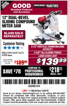Harbor Freight Coupon CHICAGO ELECTRIC 12" DUAL-BEVEL SLIDING COMPOUND MITER SAW Lot No. 61970/56597/61969 Expired: 12/8/19 - $139.99