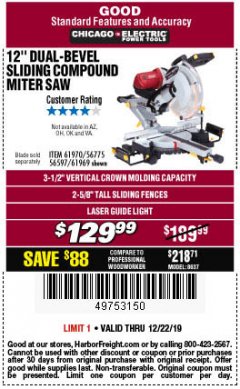 Harbor Freight Coupon CHICAGO ELECTRIC 12" DUAL-BEVEL SLIDING COMPOUND MITER SAW Lot No. 61970/56597/61969 Expired: 12/22/19 - $129.99