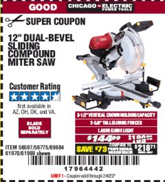 Harbor Freight Coupon CHICAGO ELECTRIC 12" DUAL-BEVEL SLIDING COMPOUND MITER SAW Lot No. 61970/56597/61969 Expired: 2/4/20 - $144.99