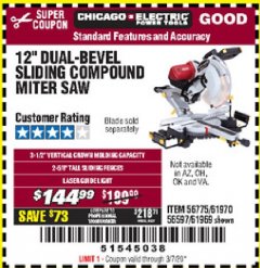 Harbor Freight Coupon CHICAGO ELECTRIC 12" DUAL-BEVEL SLIDING COMPOUND MITER SAW Lot No. 61970/56597/61969 Expired: 3/7/20 - $144.99