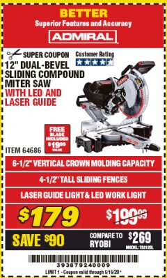 Harbor Freight Coupon CHICAGO ELECTRIC 12" DUAL-BEVEL SLIDING COMPOUND MITER SAW Lot No. 61970/56597/61969 Expired: 6/30/20 - $179