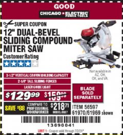 Harbor Freight Coupon CHICAGO ELECTRIC 12" DUAL-BEVEL SLIDING COMPOUND MITER SAW Lot No. 61970/56597/61969 Expired: 7/20/20 - $129.99
