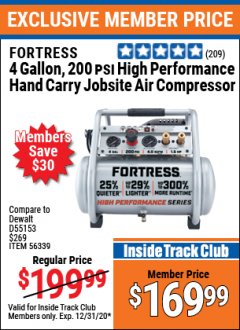 Harbor Freight ITC Coupon FORTRESS 4 GALLON, 1.5 HP, 200 PSI OIL-FREE PROFESSIONAL AIR COMPRESSOR Lot No. 56339 Expired: 12/31/20 - $169.99