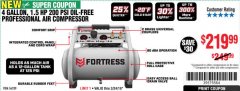 Harbor Freight Coupon FORTRESS 4 GALLON, 1.5 HP, 200 PSI OIL-FREE PROFESSIONAL AIR COMPRESSOR Lot No. 56339 Expired: 3/24/19 - $219.99