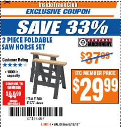 Harbor Freight ITC Coupon TWO PIECE FOLDABLE SAW HORSE SET Lot No. 61700/41577 Expired: 6/19/18 - $29.99