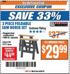Harbor Freight ITC Coupon TWO PIECE FOLDABLE SAW HORSE SET Lot No. 61700/41577 Expired: 8/28/18 - $29.99