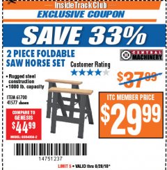 Harbor Freight ITC Coupon TWO PIECE FOLDABLE SAW HORSE SET Lot No. 61700/41577 Expired: 8/28/18 - $29.99