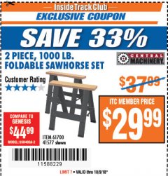 Harbor Freight ITC Coupon TWO PIECE FOLDABLE SAW HORSE SET Lot No. 61700/41577 Expired: 10/9/18 - $29.99