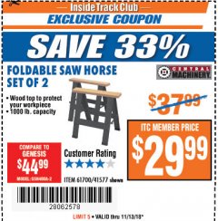 Harbor Freight ITC Coupon TWO PIECE FOLDABLE SAW HORSE SET Lot No. 61700/41577 Expired: 11/13/18 - $29.99