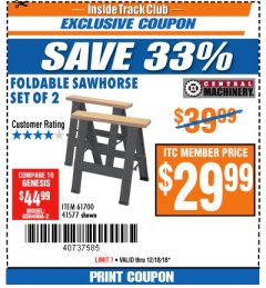 Harbor Freight ITC Coupon TWO PIECE FOLDABLE SAW HORSE SET Lot No. 61700/41577 Expired: 12/18/18 - $29.99