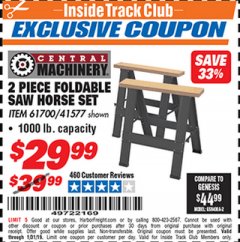 Harbor Freight ITC Coupon TWO PIECE FOLDABLE SAW HORSE SET Lot No. 61700/41577 Expired: 1/31/19 - $29.99