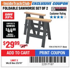 Harbor Freight ITC Coupon TWO PIECE FOLDABLE SAW HORSE SET Lot No. 61700/41577 Expired: 2/5/19 - $29.99