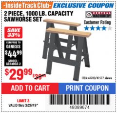 Harbor Freight ITC Coupon TWO PIECE FOLDABLE SAW HORSE SET Lot No. 61700/41577 Expired: 3/26/19 - $29.99