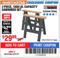 Harbor Freight ITC Coupon TWO PIECE FOLDABLE SAW HORSE SET Lot No. 61700/41577 Expired: 5/21/19 - $29.99