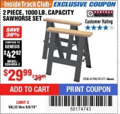 Harbor Freight ITC Coupon TWO PIECE FOLDABLE SAW HORSE SET Lot No. 61700/41577 Expired: 8/6/19 - $29.99