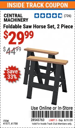 Harbor Freight ITC Coupon TWO PIECE FOLDABLE SAW HORSE SET Lot No. 61700/41577 Expired: 8/31/20 - $29.99