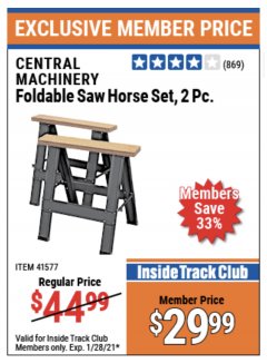 Harbor Freight ITC Coupon TWO PIECE FOLDABLE SAW HORSE SET Lot No. 61700/41577 Expired: 1/28/21 - $29.99