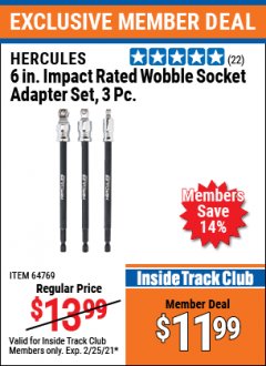 Harbor Freight ITC Coupon HERCULES 3 PIECE, 6" IMPACT RATED WOBBLE SOCKET ADAPTER SET Lot No. 64769 Expired: 2/25/21 - $11.99