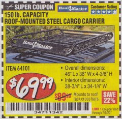 Harbor Freight Coupon 150 LB. ROOF CARGO CARRIER Lot No. 64101 Expired: 7/5/20 - $69.99