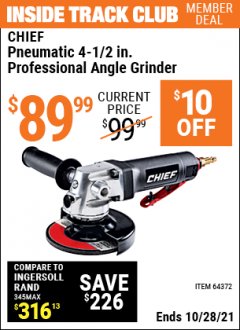 Harbor Freight ITC Coupon PROFESSIONAL 4-1/2" AIR ANGLE GRINDER Lot No. 64372 Expired: 10/28/21 - $89.99