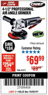 Harbor Freight Coupon PROFESSIONAL 4-1/2" AIR ANGLE GRINDER Lot No. 64372 Expired: 10/20/19 - $69.99