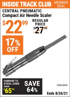 Harbor Freight ITC Coupon COMPACT AIR NEEDLE SCALER Lot No. 96997 Expired: 8/26/21 - $22.99