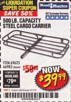 Harbor Freight Coupon 500 LB. CAPACITY DELUXE STEEL CARGO CARRIER Lot No. 69623/66983 Expired: 5/31/19 - $39.99