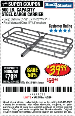 Harbor Freight Coupon 500 LB. CAPACITY DELUXE STEEL CARGO CARRIER Lot No. 69623/66983 Expired: 6/30/20 - $39.99