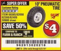 Harbor Freight Coupon 10" PNEUMATIC TIRE WITH WHITE HUB Lot No. 62698 69385 62388 62409 30900 Expired: 8/31/19 - $4
