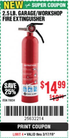 Harbor Freight Coupon 2.5 LB. GARAGE/WORKSHOP FIRE EXTINGUISHER Lot No. 70034 Expired: 3/17/19 - $14.99