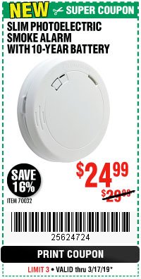 Harbor Freight Coupon SLIM PHOTOELECTRIC SMOKE ALARM WITH 10-YEAR BATTERY Lot No. 70032 Expired: 3/17/19 - $24.99