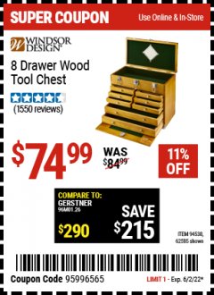 Harbor Freight Coupon 8 DRAWER WOOD TOOL CHEST Lot No. 62858/94538 Expired: 6/2/22 - $74.99