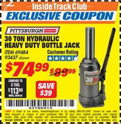 Harbor Freight ITC Coupon 30 TON HYDRAULIC HEAVY DUTY BOTTLE JACK Lot No. 69484/93437 Expired: 6/30/18 - $74.99