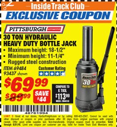 Harbor Freight ITC Coupon 30 TON HYDRAULIC HEAVY DUTY BOTTLE JACK Lot No. 69484/93437 Expired: 8/31/18 - $69.99