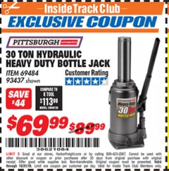 Harbor Freight ITC Coupon 30 TON HYDRAULIC HEAVY DUTY BOTTLE JACK Lot No. 69484/93437 Expired: 10/31/18 - $69.99
