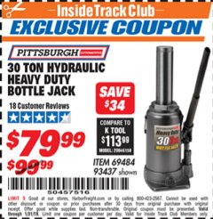 Harbor Freight ITC Coupon 30 TON HYDRAULIC HEAVY DUTY BOTTLE JACK Lot No. 69484/93437 Expired: 1/31/19 - $79.99