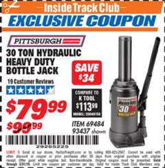 Harbor Freight ITC Coupon 30 TON HYDRAULIC HEAVY DUTY BOTTLE JACK Lot No. 69484/93437 Expired: 3/31/19 - $79.99