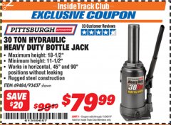 Harbor Freight ITC Coupon 30 TON HYDRAULIC HEAVY DUTY BOTTLE JACK Lot No. 69484/93437 Expired: 11/30/19 - $79.99