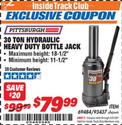 Harbor Freight ITC Coupon 30 TON HYDRAULIC HEAVY DUTY BOTTLE JACK Lot No. 69484/93437 Expired: 3/31/20 - $79.99