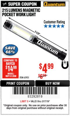 Harbor Freight Coupon 215 LUMENS POCKET WORK LIGHT Lot No. 63935 Expired: 3/17/19 - $4.99