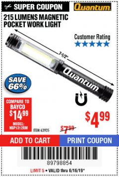 Harbor Freight Coupon 215 LUMENS POCKET WORK LIGHT Lot No. 63935 Expired: 6/16/19 - $4.99