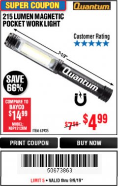 Harbor Freight Coupon 215 LUMENS POCKET WORK LIGHT Lot No. 63935 Expired: 9/9/19 - $4.99