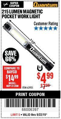 Harbor Freight Coupon 215 LUMENS POCKET WORK LIGHT Lot No. 63935 Expired: 9/22/19 - $4.99