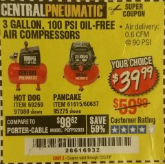 Harbor Freight Coupon 3 GALLON, 100 PSI HOT DOG OIL-FREE AIR COMPRESSOR Lot No. 69269/97080 Expired: 12/3/19 - $39.99