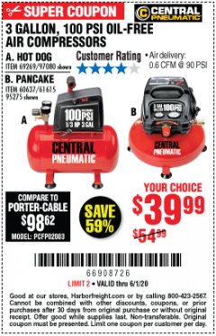 Harbor Freight Coupon 3 GALLON, 100 PSI HOT DOG OIL-FREE AIR COMPRESSOR Lot No. 69269/97080 Expired: 6/30/20 - $39.99