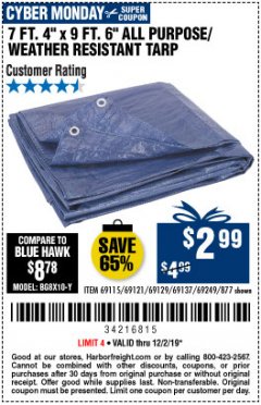 Harbor Freight Coupon 7' 4" X 9' 6" ALL PURPOSE/WEATHER RESISTANT TARP Lot No. 69115/69121/69129/69137/69249/877 Expired: 12/2/19 - $2.99