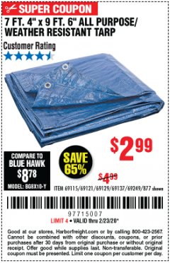 Harbor Freight Coupon 7' 4" X 9' 6" ALL PURPOSE/WEATHER RESISTANT TARP Lot No. 69115/69121/69129/69137/69249/877 Expired: 2/23/20 - $2.99