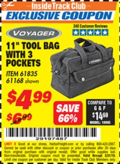 Harbor Freight ITC Coupon 11" TOOL BAG Lot No. 61168/35539/61835 Expired: 3/31/19 - $4.99