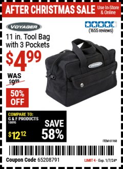 Harbor Freight Coupon 11" TOOL BAG Lot No. 61168/35539/61835 Expired: 1/7/24 - $4.99