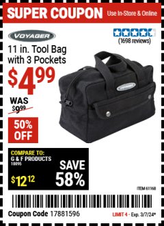 Harbor Freight Coupon 11" TOOL BAG Lot No. 61168/35539/61835 Expired: 3/7/24 - $4.99